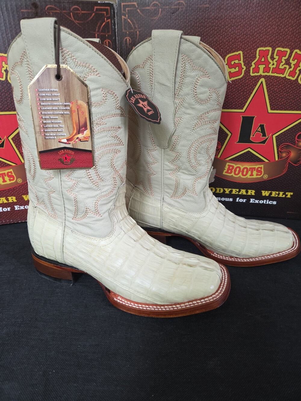LOS ALTOS WINTER WHITE GENUINE CROCODILE CAIMAN TAIL SQUARE TOE BOOT US Size 6
